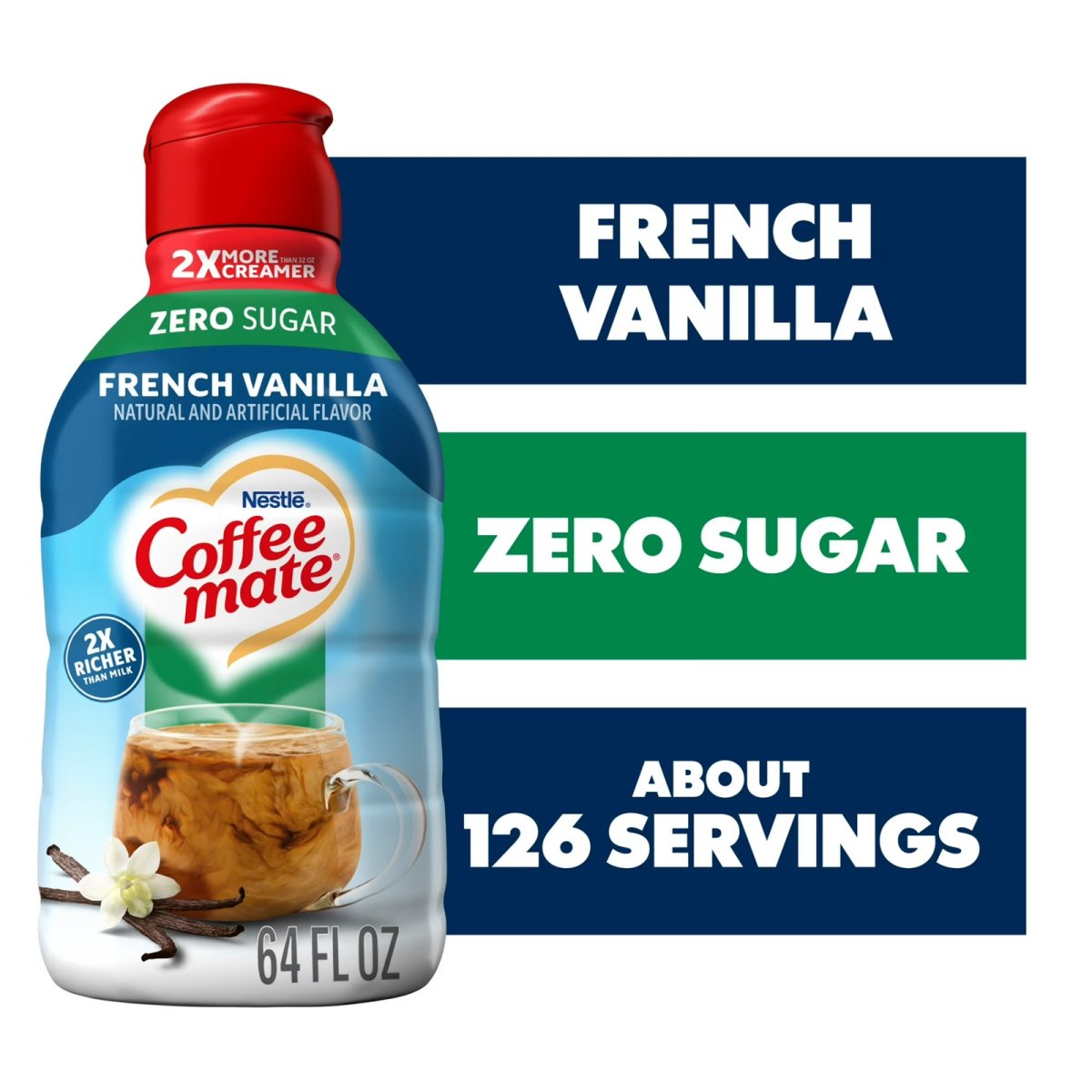 Coffee mate French Vanilla Flavored Coffee Creamer, Sugar Free, Gluten Free, 126 Servings (64 Fl Oz)