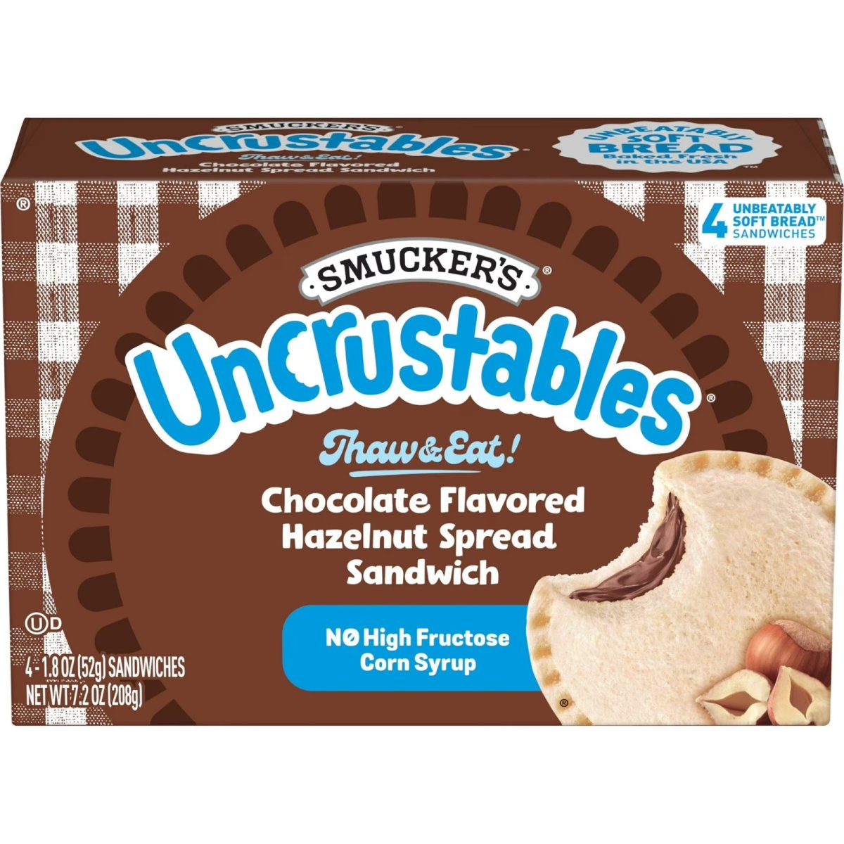 Smucker's Uncrustables Chocolate Hazelnut Cream Sandwiches, 4-Pack, 1.8 oz Each, Frozen