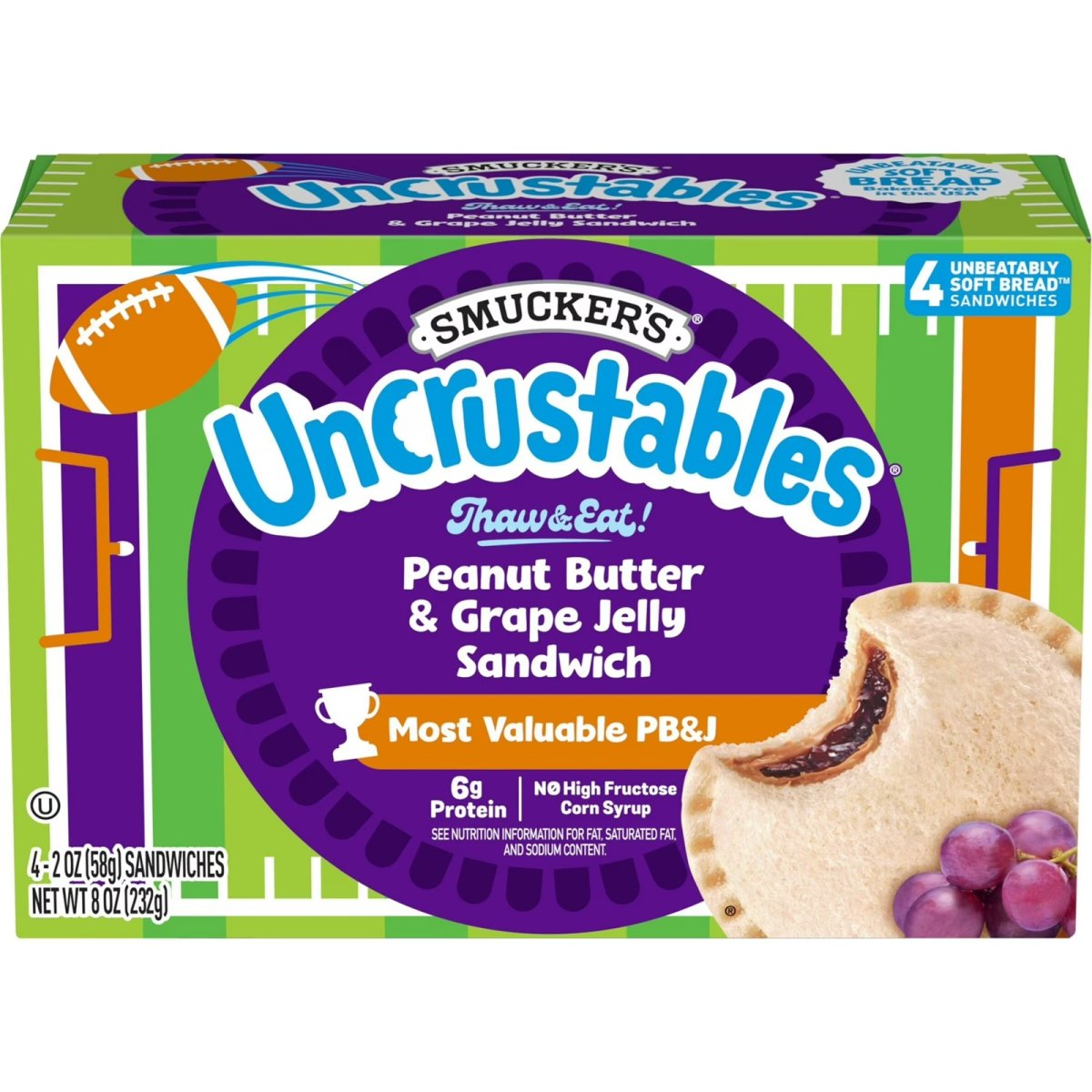 Smucker's Uncrustables Peanut Butter and Grape Jelly Sandwiches, 4-Pack, 2 oz Each, Frozen