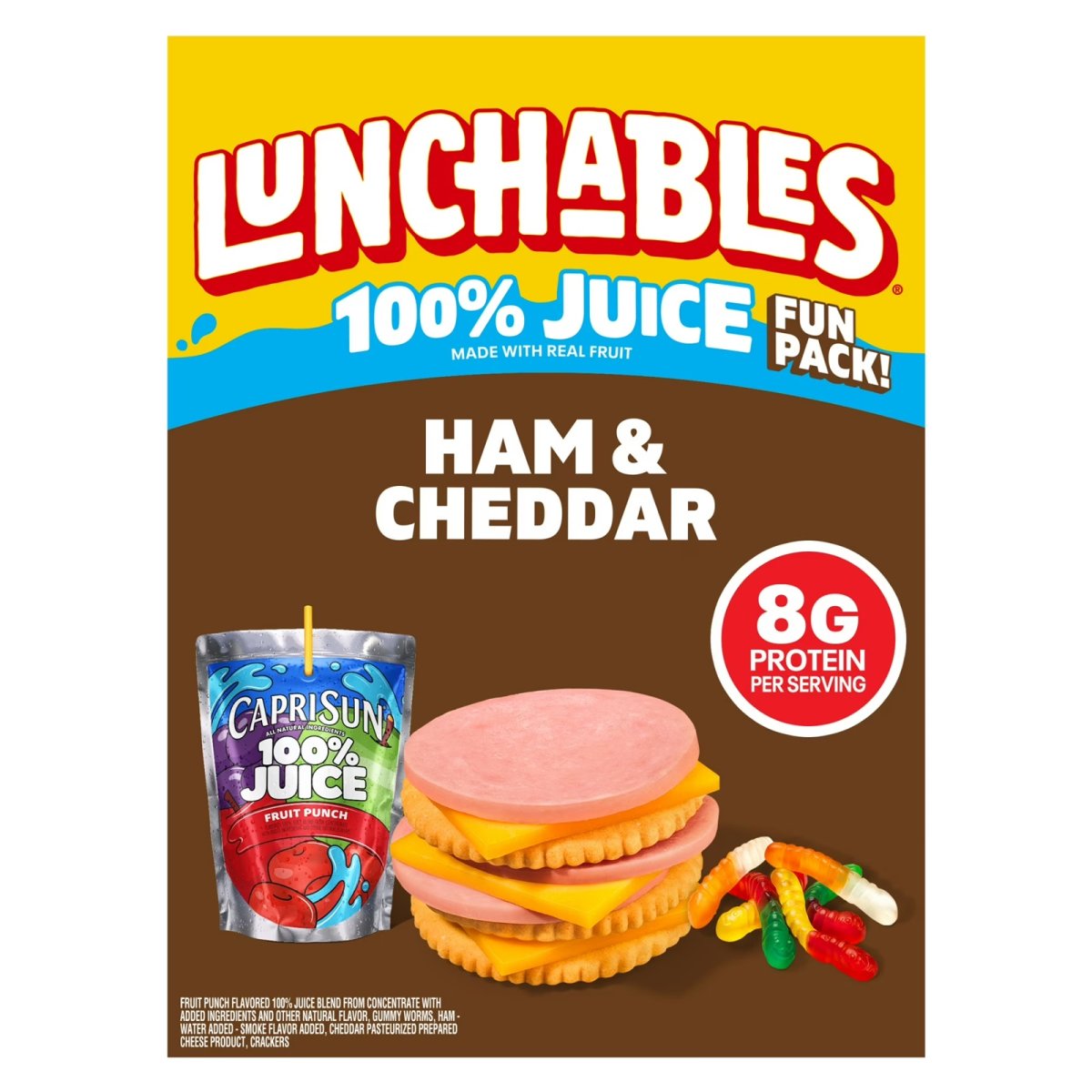 Lunchables Ham and Cheddar Cookie Stackers with Capri Sun 100% Juice Drink, Fruit Punch Flavor and Gummy Worms, 2.8 oz Box, Refrigerated, Whole