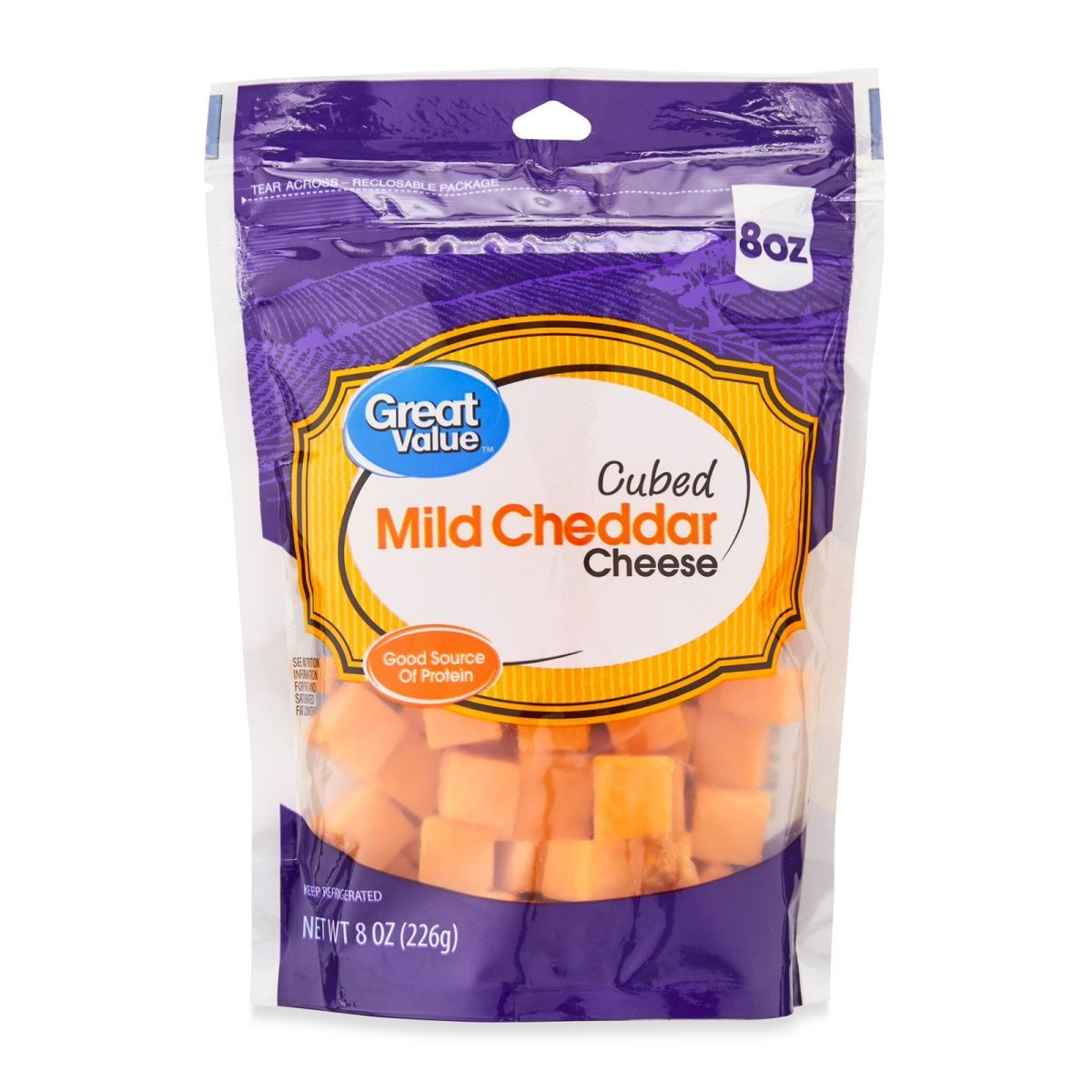 Great Value Mild Cheddar Cheese Cubes, 8 oz