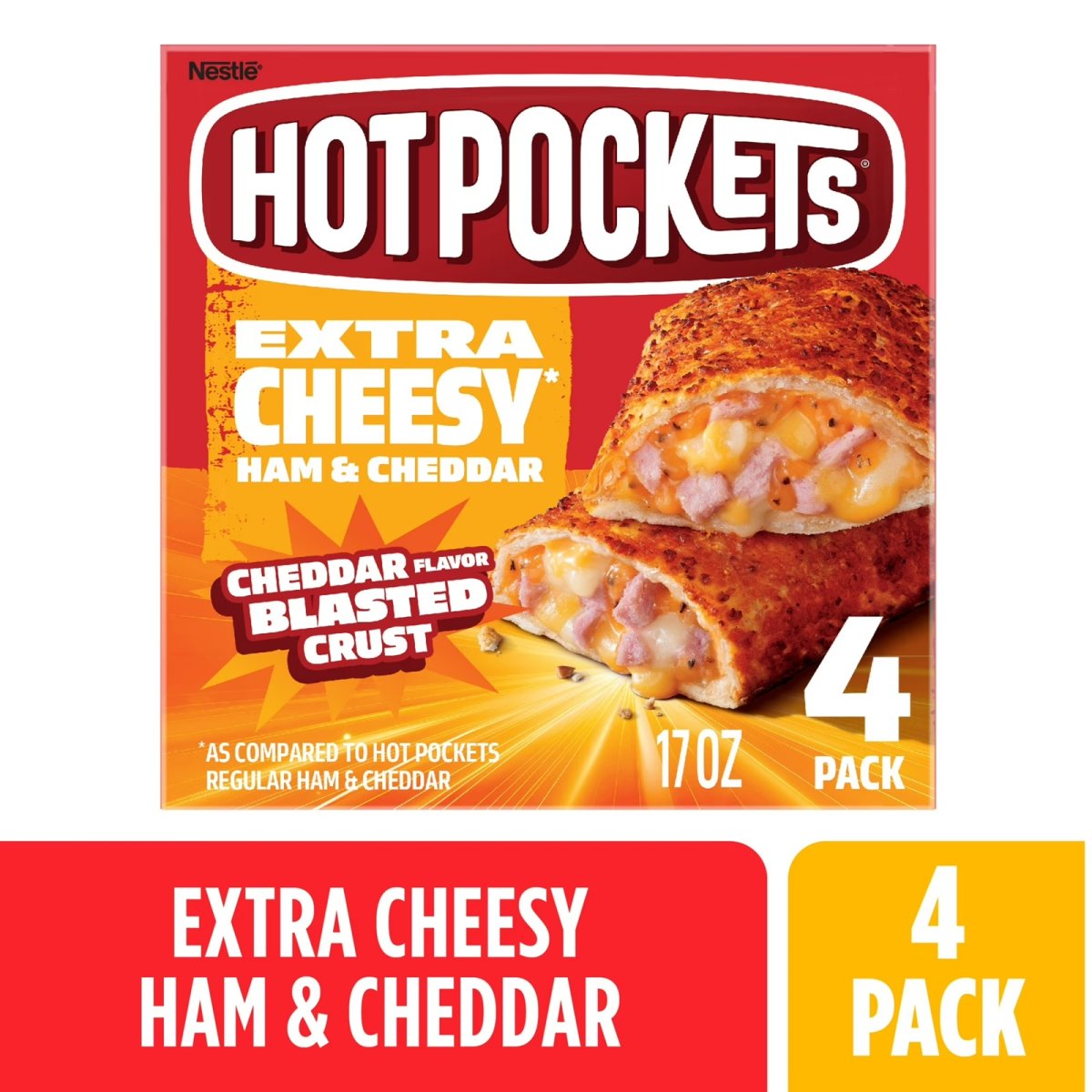 Hot Pockets Extra Cheese Ham and Cheddar, Air Fryer Snacks, Frozen Sandwiches, 17 oz, 4 Pack (Frozen)
