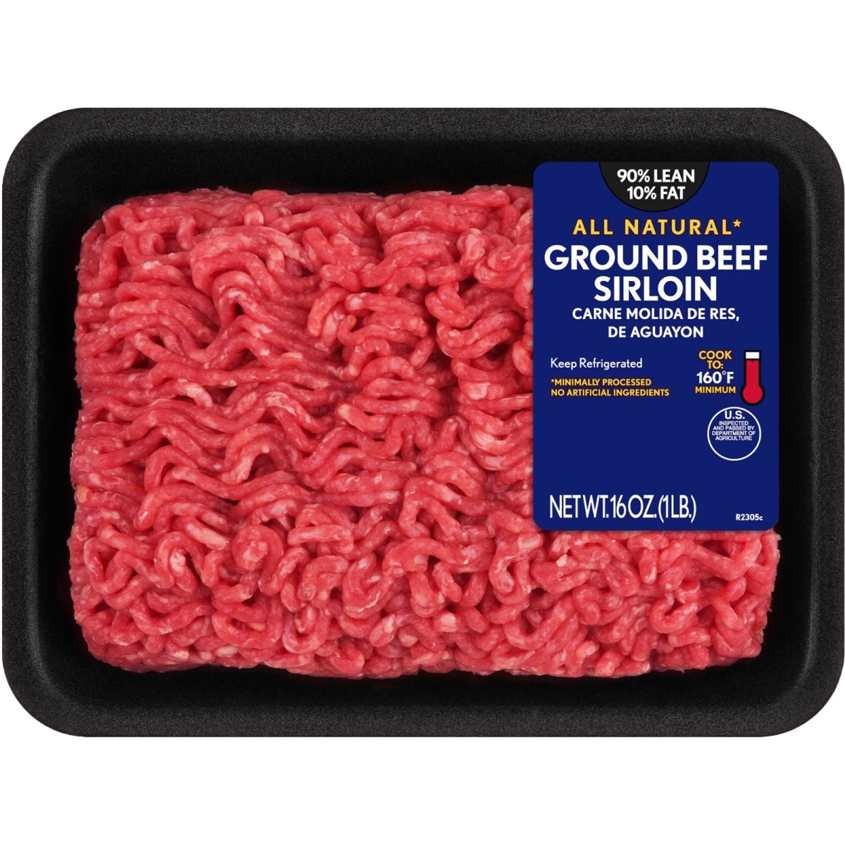 Ground Beef Sirloin 90% Lean / 10% Fat, 1 Pound Tray, Fresh, All Natural