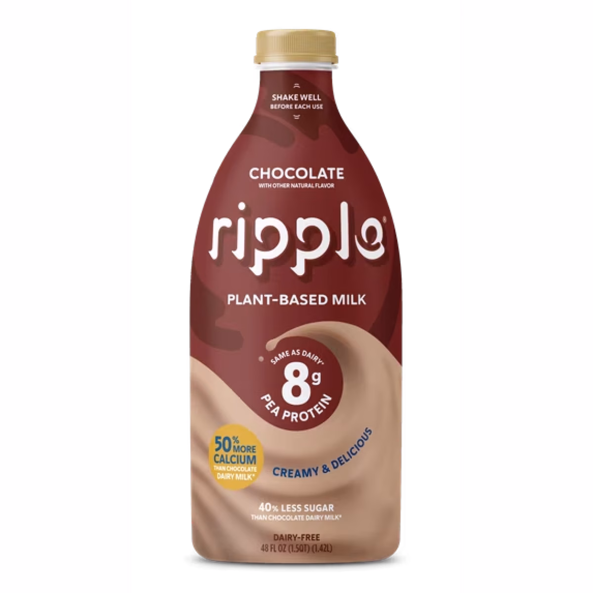 Ripple Chocolate Refrigerated Plant-Based Milk, 48 fl oz Bottle, 8g Protein, Dairy-Free, Vegan, Deliciously Creamy
