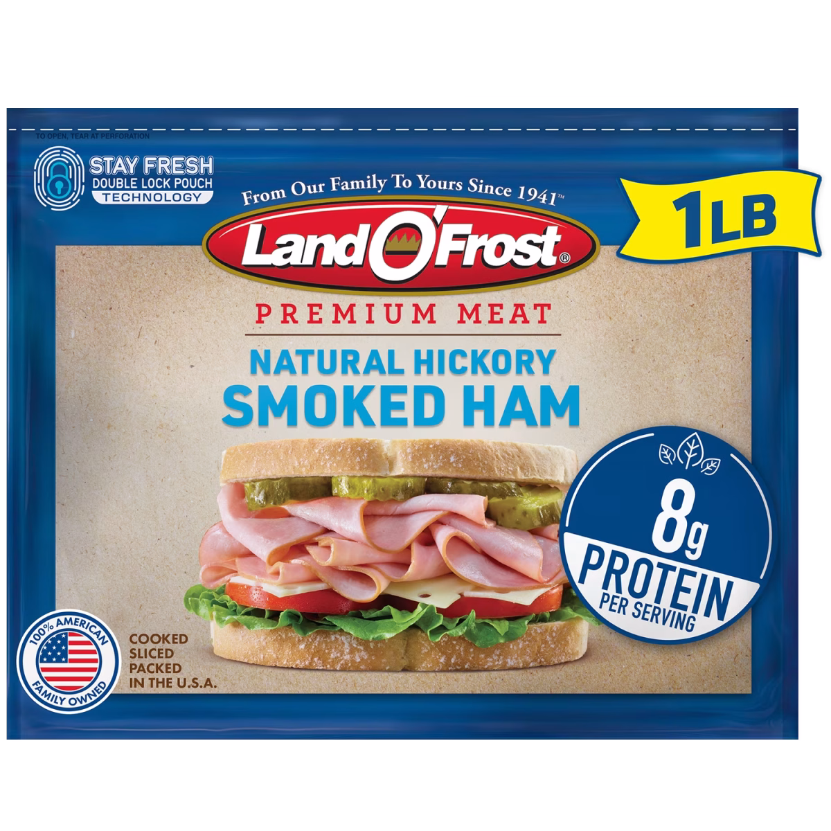 Land O' Frost Premium Pork, Smoked Ham, Deli Lunch Meat, 1 lb, Resealable Plastic Pouch