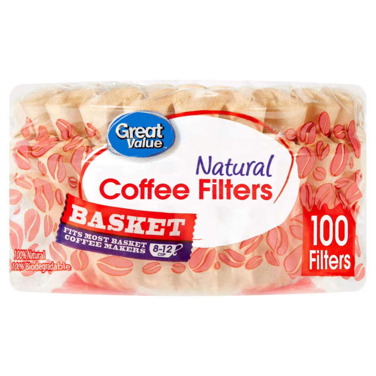 Great Value Natural Basket Coffee Filters, 100 Count