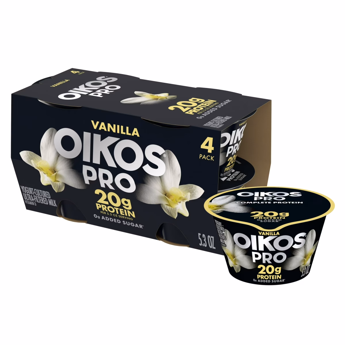 Oikos Pro 20g Protein, Vanilla Yogurt-Cultured Ultra-Filtered Milk Product Cups, 5.3 oz, 4 Count